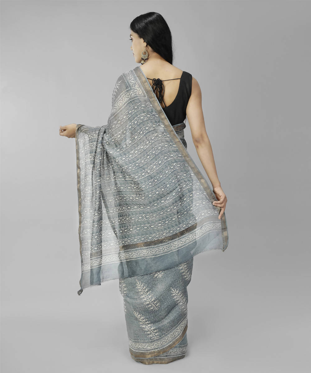 Light grey bagru handblock printed linen saree