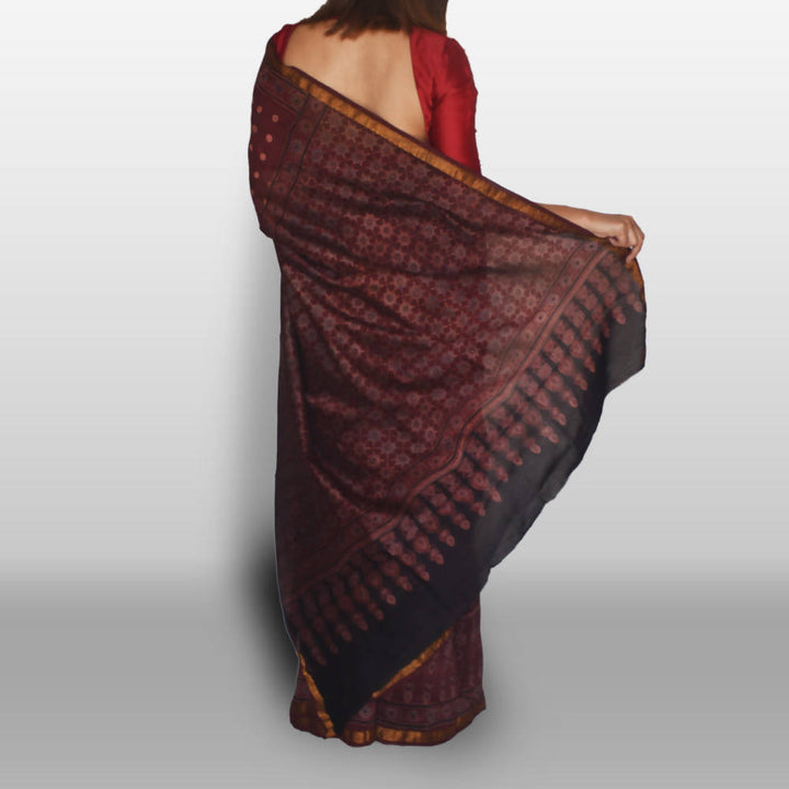 Maroon ajrakh saree on chanderi nakshi border