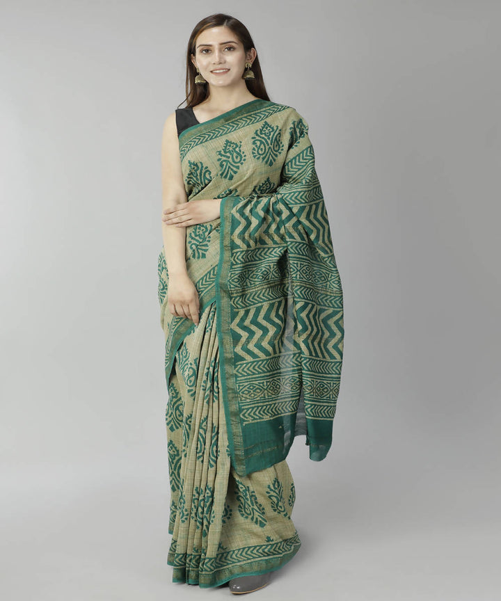 Forest green bagru handblock printed cotton silk saree