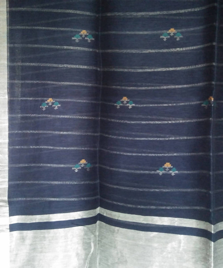 Dark navy blue and zari bengal handwoven linen silk saree