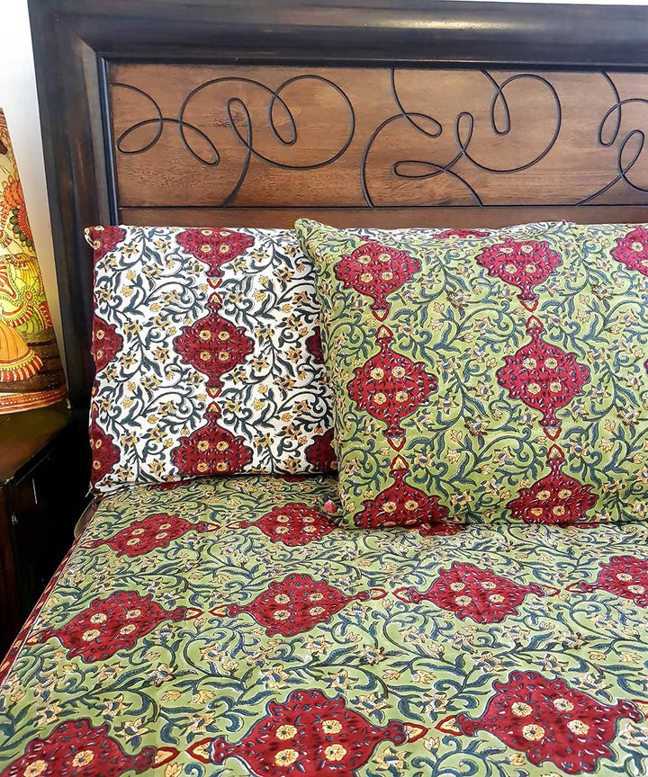 Red and green Handblock Printed Cotton Bedsheet