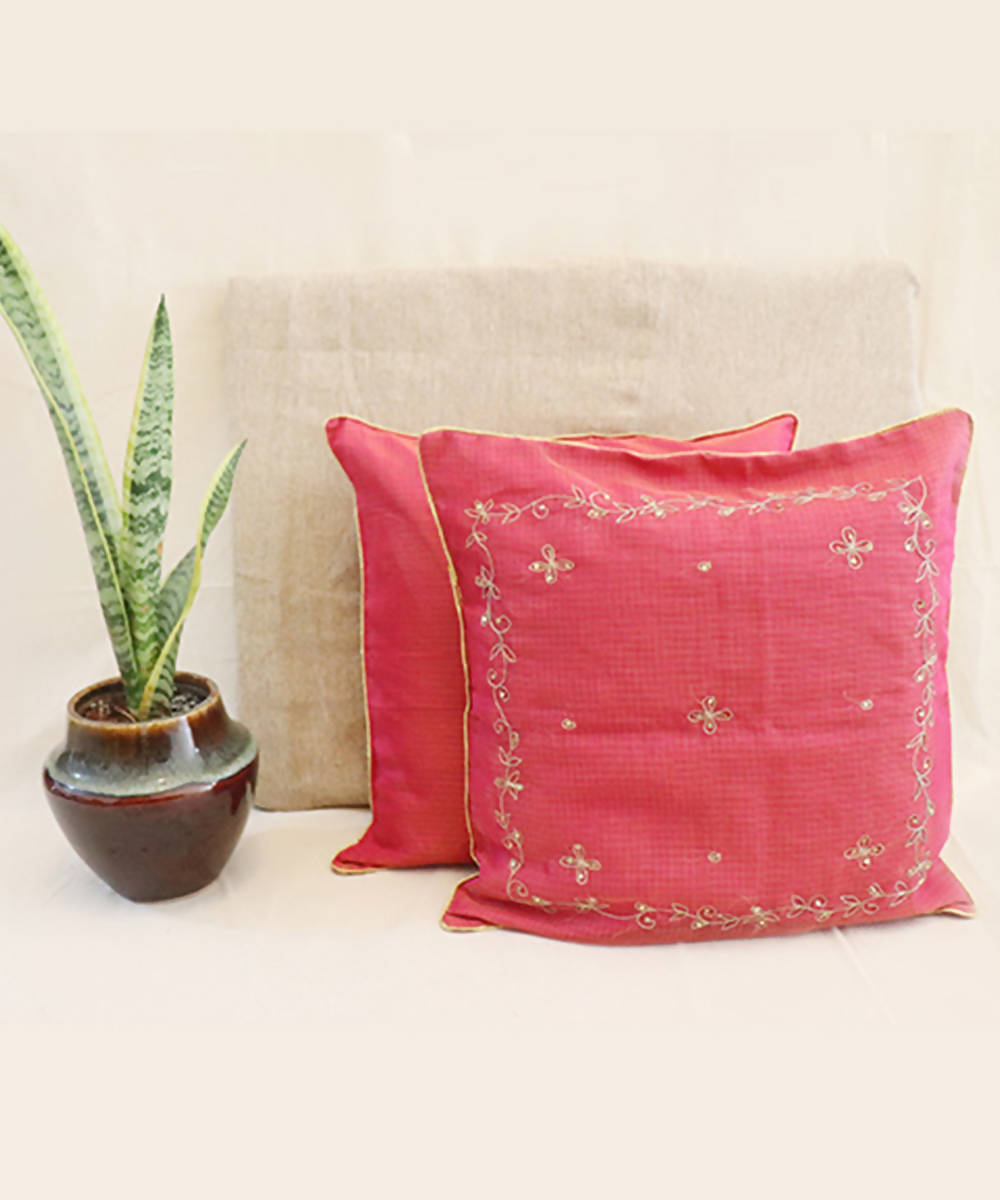 Handmade solid pink kota festive cushion cover