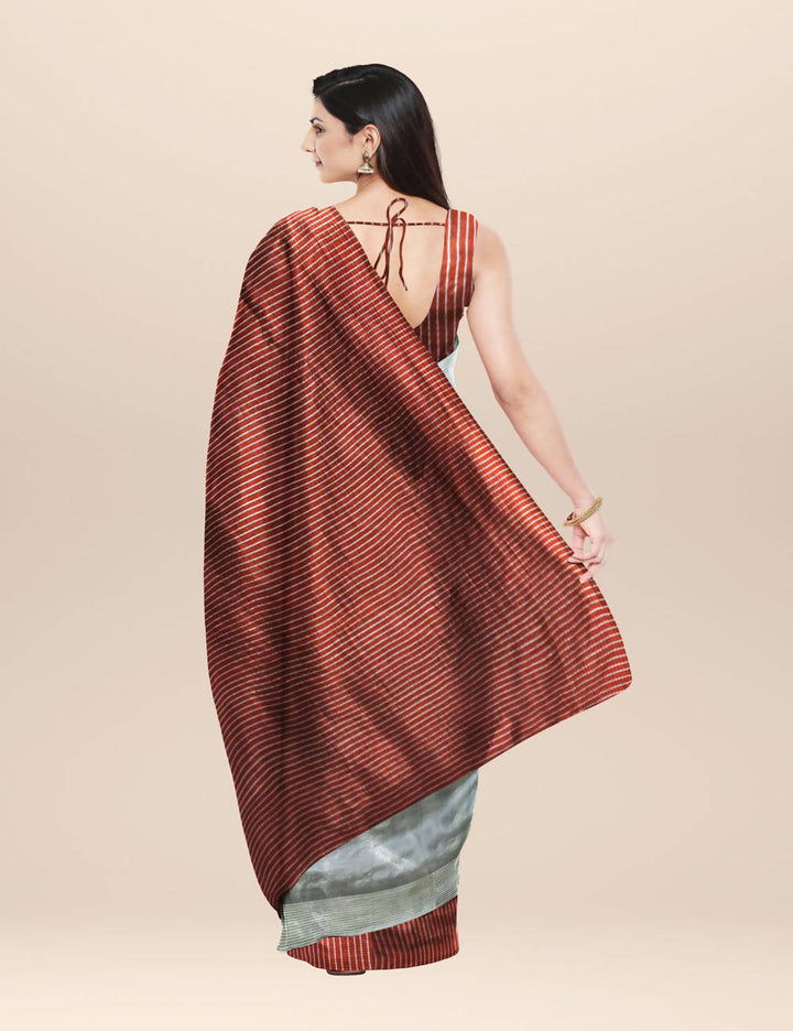 Grey and maroon handwoven half and half striped silk saree