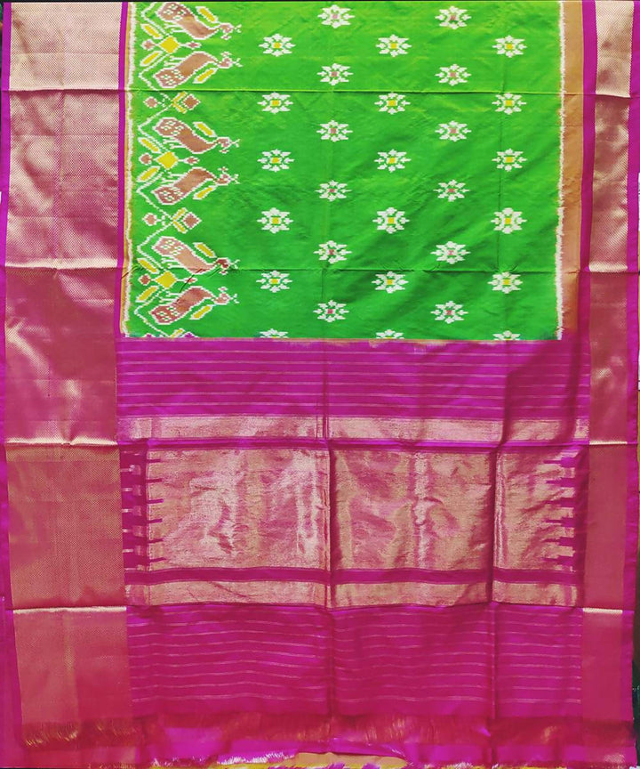 Green and pink handwoven ikat silk pochampally saree