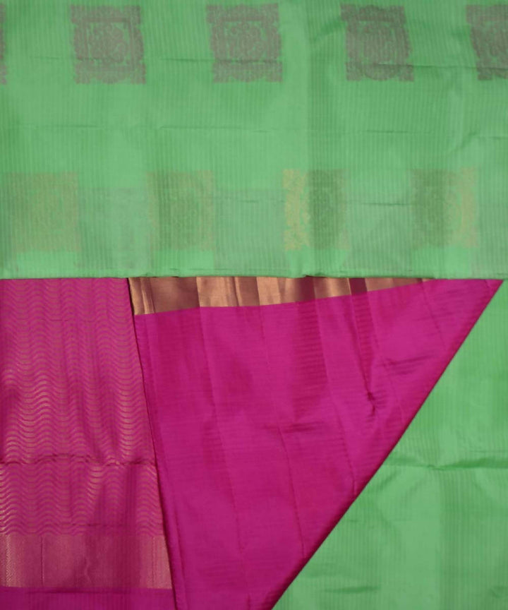 Pista Green Pink Handloom Soft Silk Saree