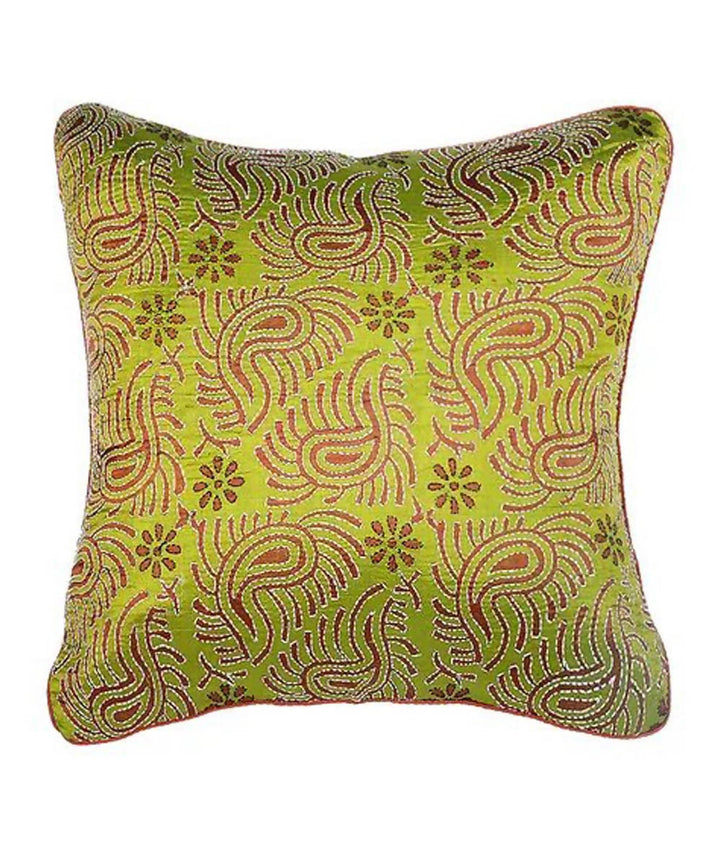Light green kantha stitch hand embroidery tussar silk cushion cover