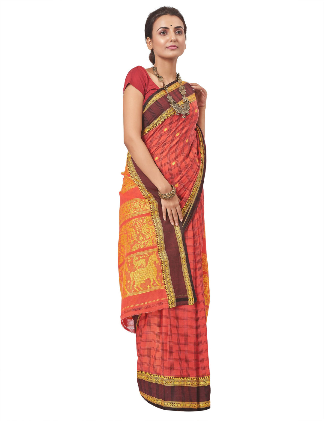 Biswa bangla handwoven red Hand Spun Pure Cotton Saree