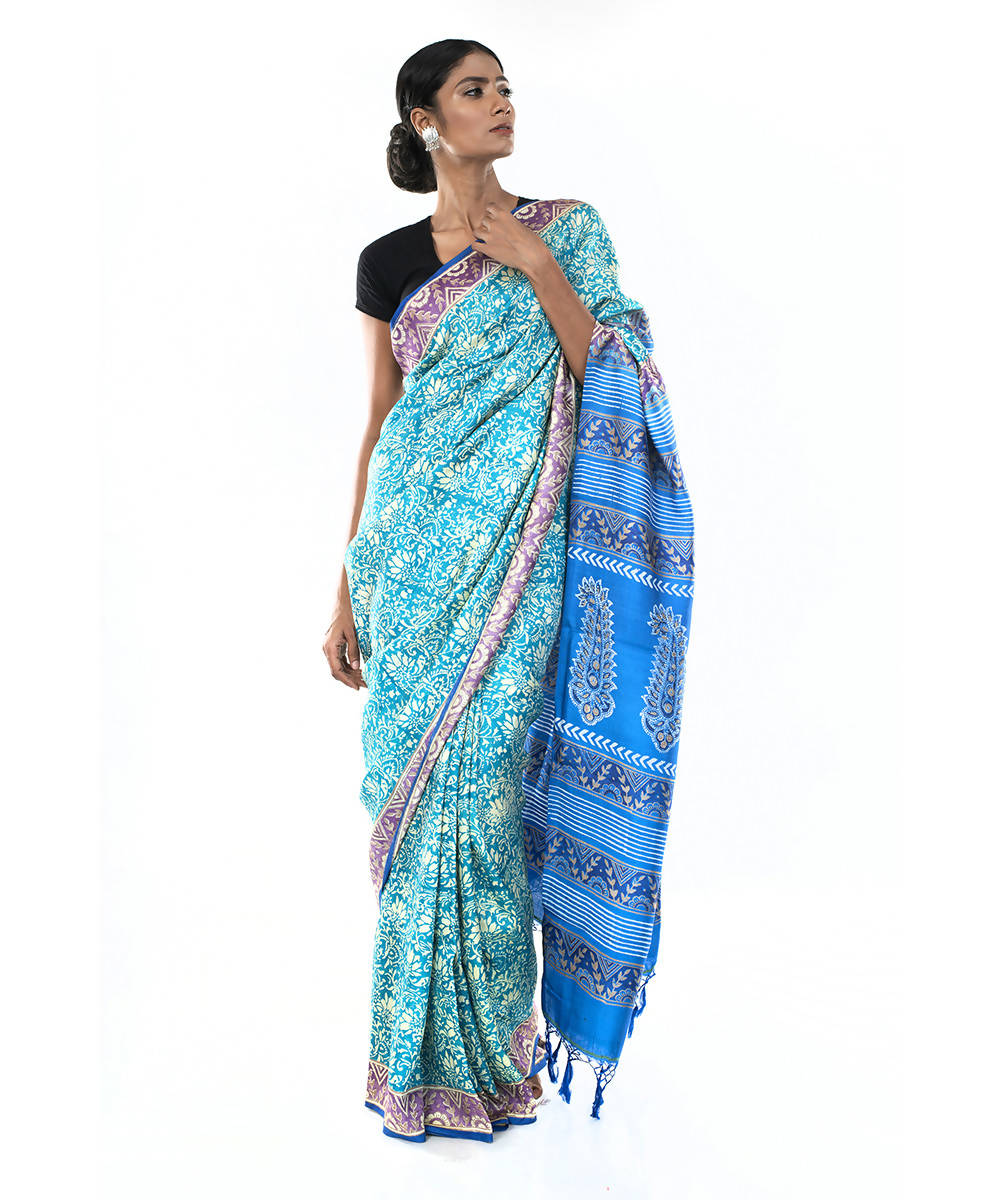 Light green blue hand block print bengal silk saree