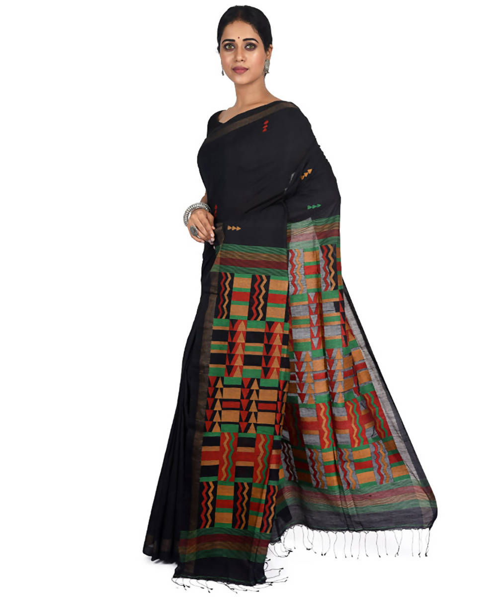 Black handwoven bengal cotton silk saree