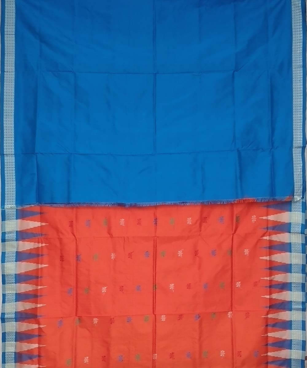 Orange cobalt blue handwoven bomkai silk saree