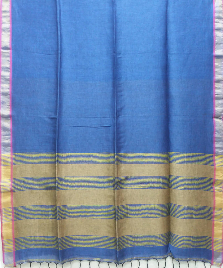 blue handwoven Cotton linen Zari boarder Saree