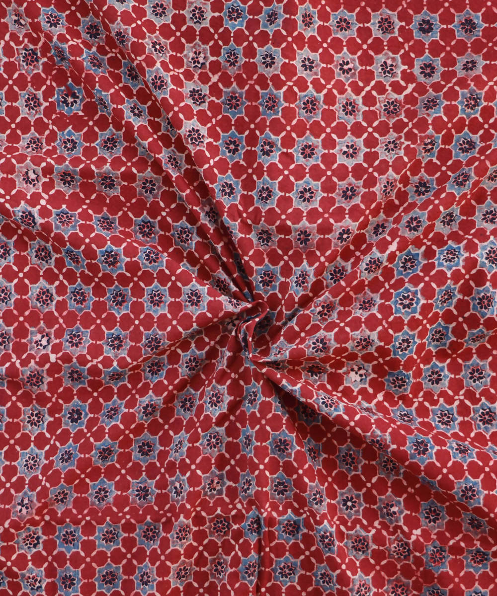 Red blue natural dye hand block printed cotton fabric