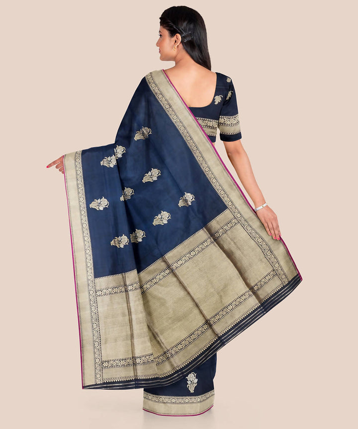 Navy blue handloom silk katan banarasi saree