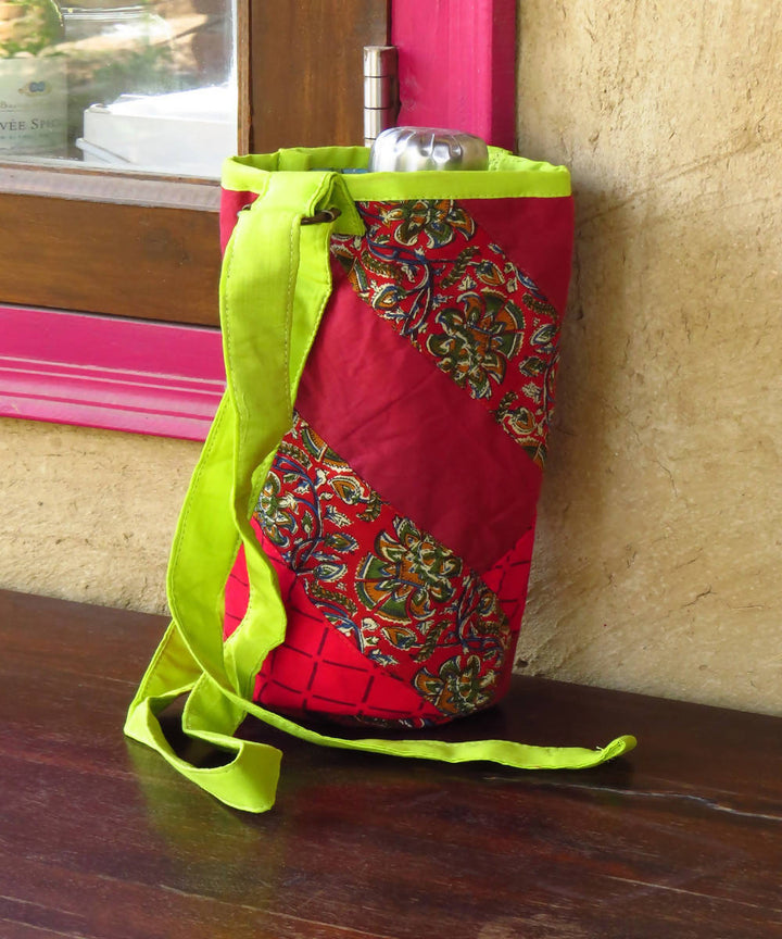 Red parrot green canvas and katta upcycled bottle bag