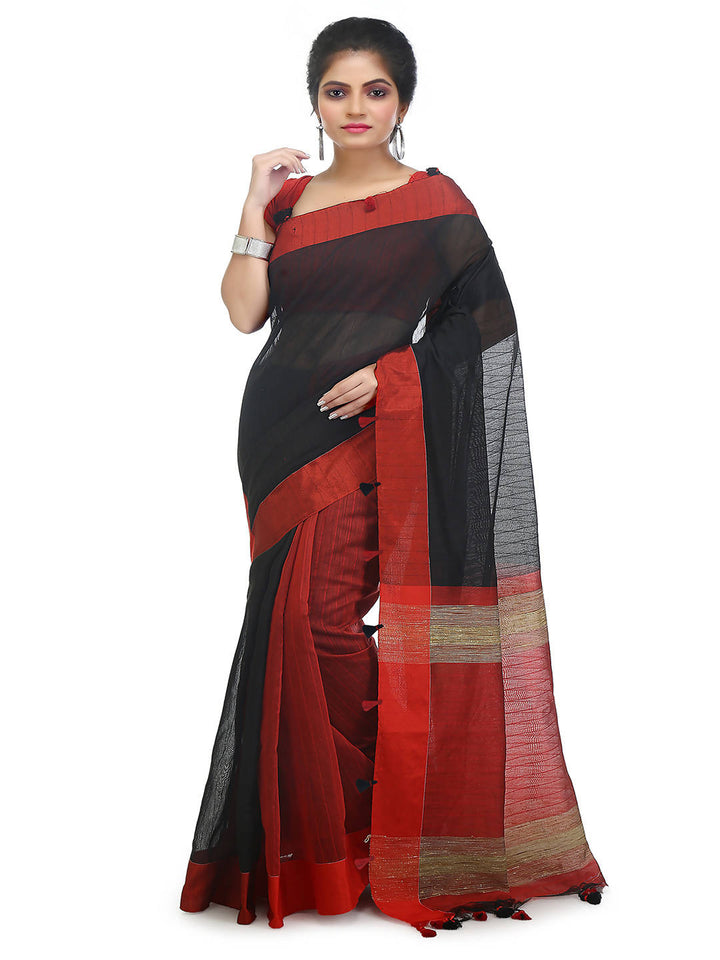 Black red bengal handloom cotton blend saree
