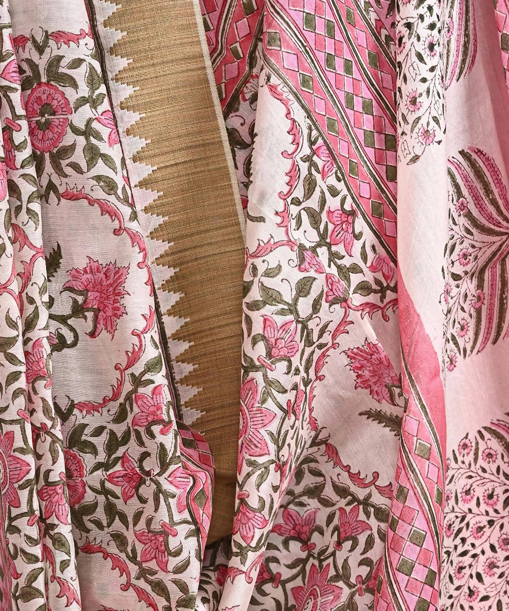 White cotton silk hand block printed saree with matching blouse
