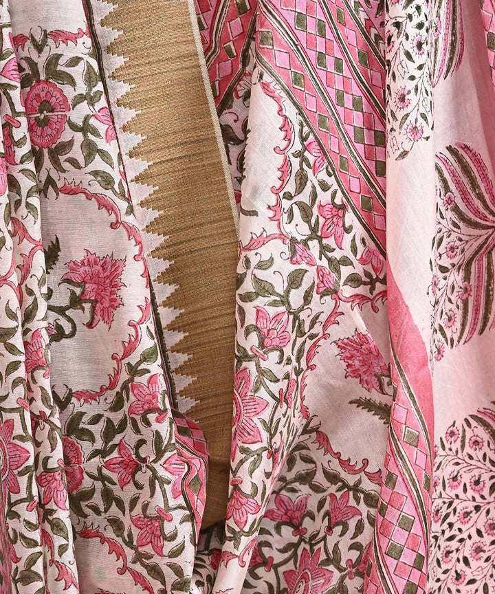 White cotton silk hand block printed saree with matching blouse