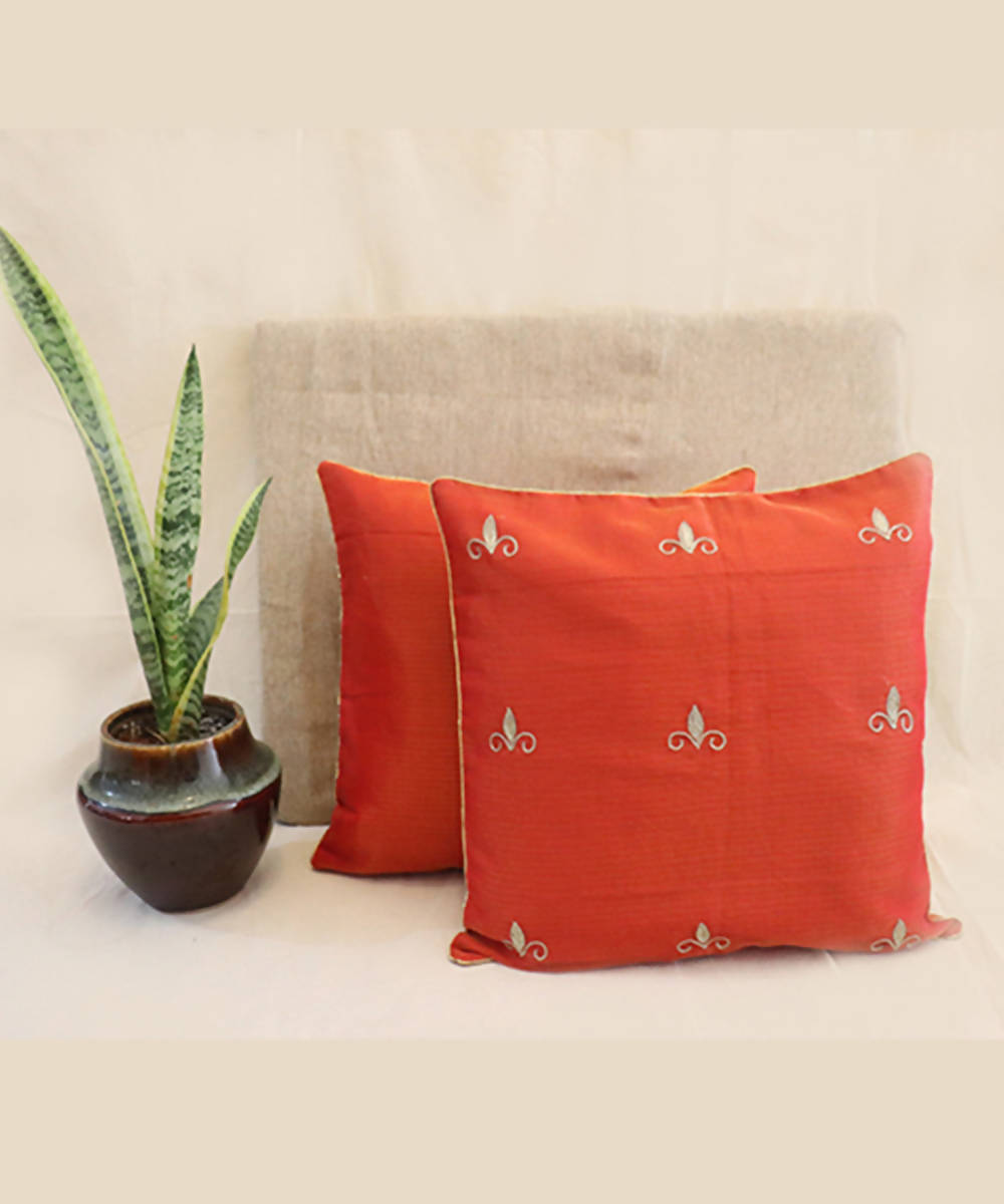 Handmade solid orange kota festive cushion cover