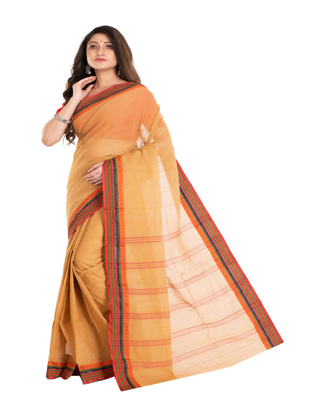 Light orange bengal cotton handwoven saree