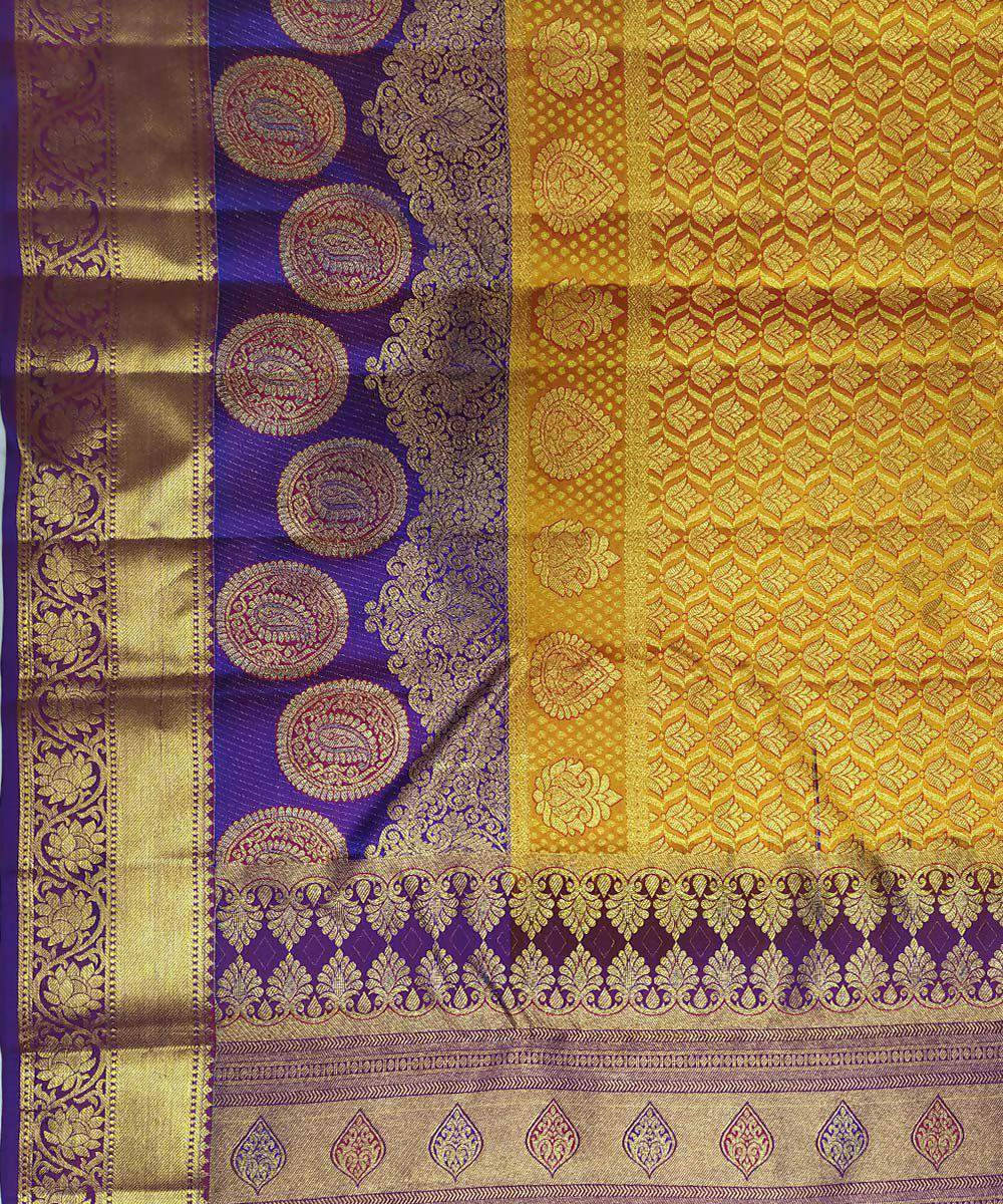 Yellow purple handloom kanjeevaram bridal silk saree