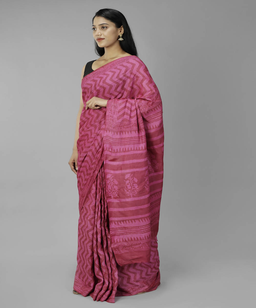 Dark pink bagru handblock printed tussar silk saree