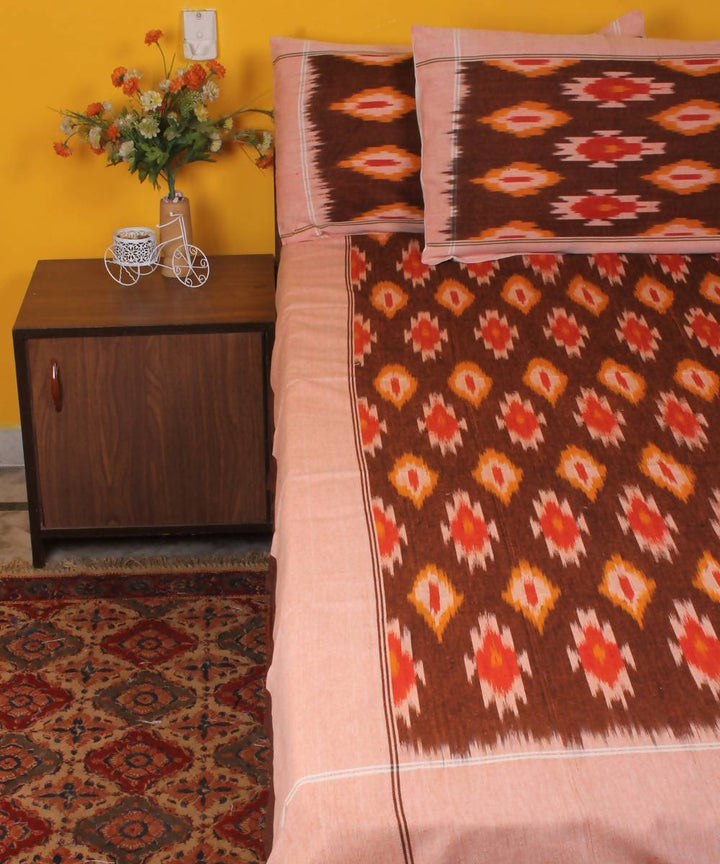Brown Handloom Ikkat Cotton Bedsheet
