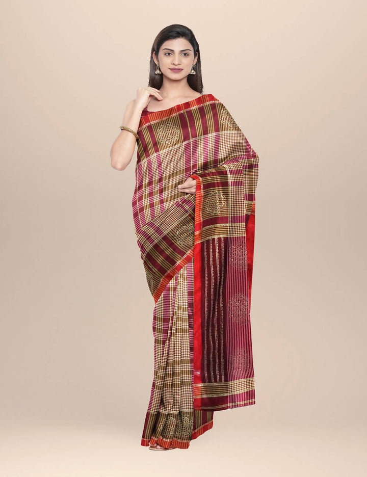 Maroon Cotton Handwoven Checks and Hand Block Printed Saree