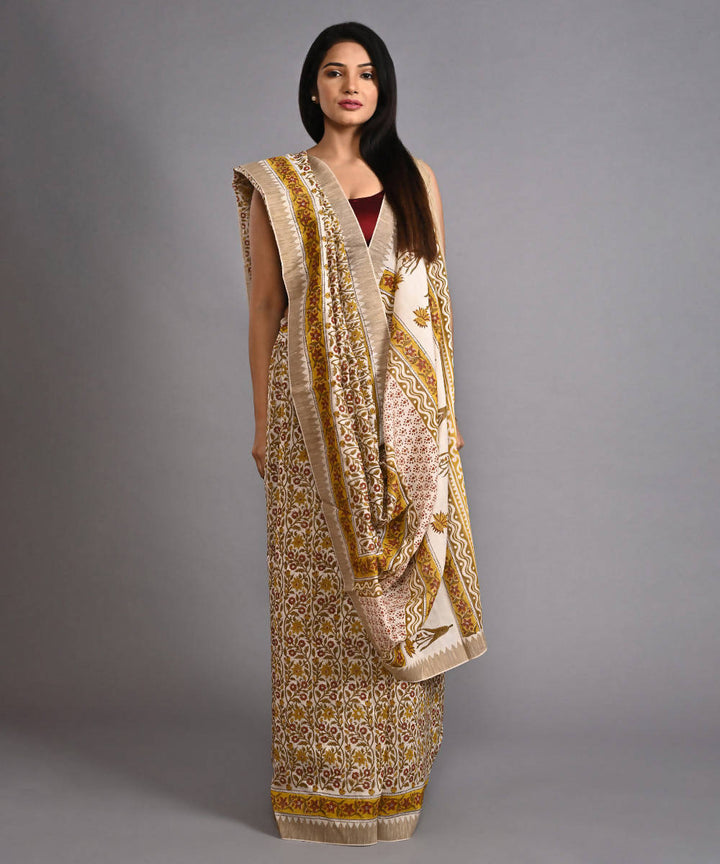 Beige cotton silk hand block printed saree with matching blouse