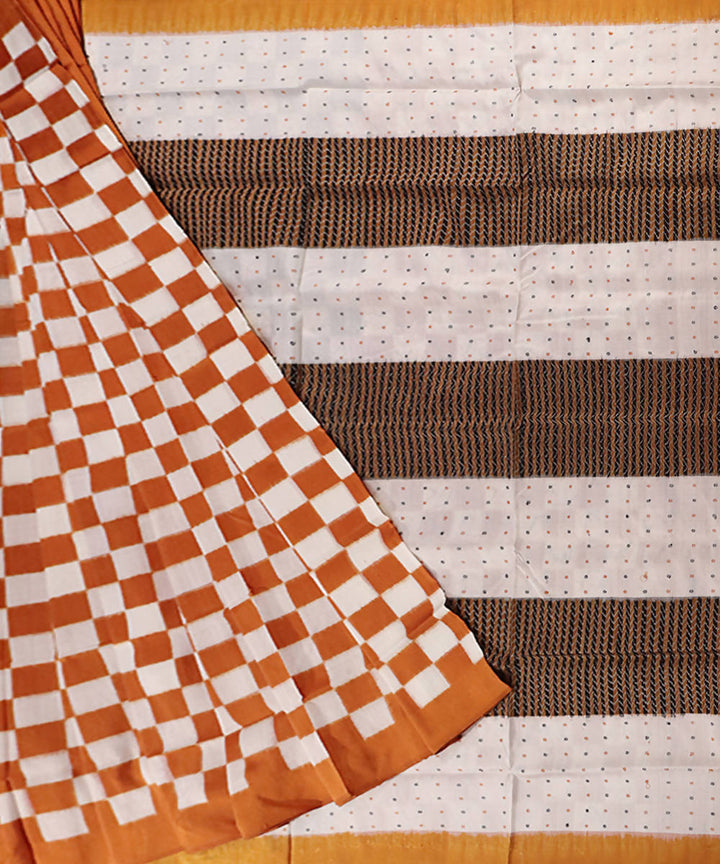 Deep saffron and white handloom silk sambalpuri saree