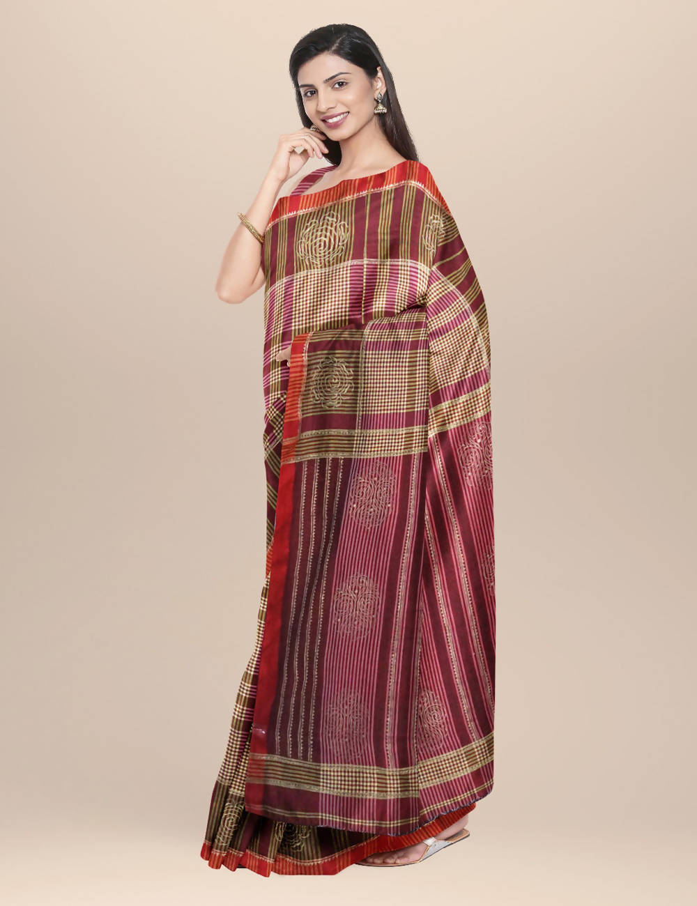 Maroon Cotton Handwoven Checks and Hand Block Printed Saree