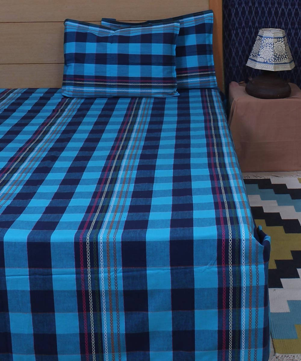 Blue Check Cotton Double Bed Sheet