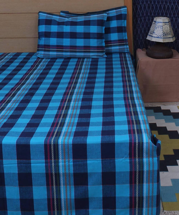 Blue Check Cotton Double Bed Sheet