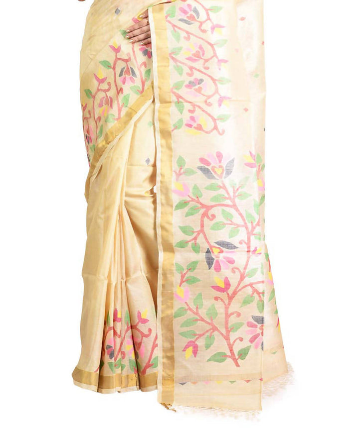 Resham shilpi bengal tasar cream saree with handwoven jamdani work