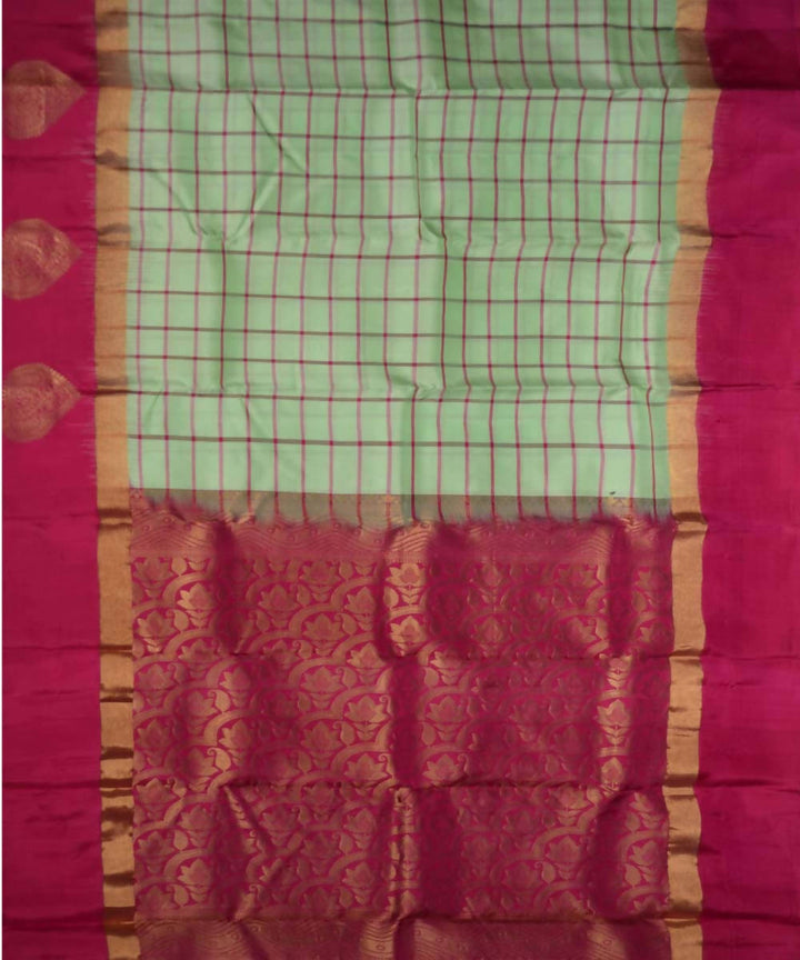 Pista Green Rani Pink Handloom Checks Soft Silk Saree