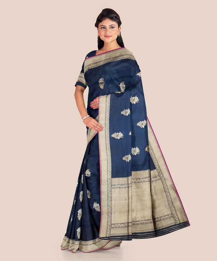 Navy blue handloom silk katan banarasi saree