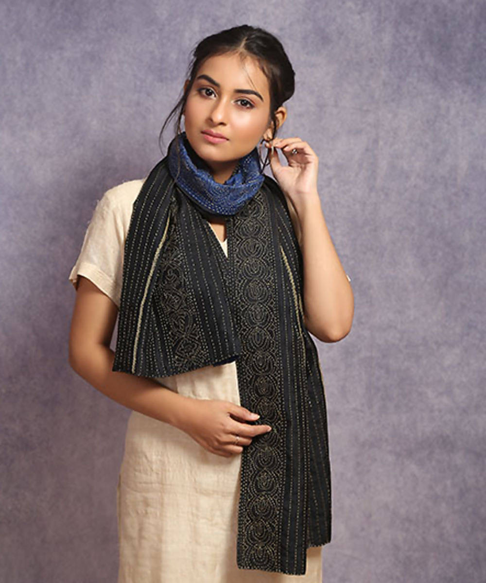 Navy blue black hand embroidery reversible silk stole