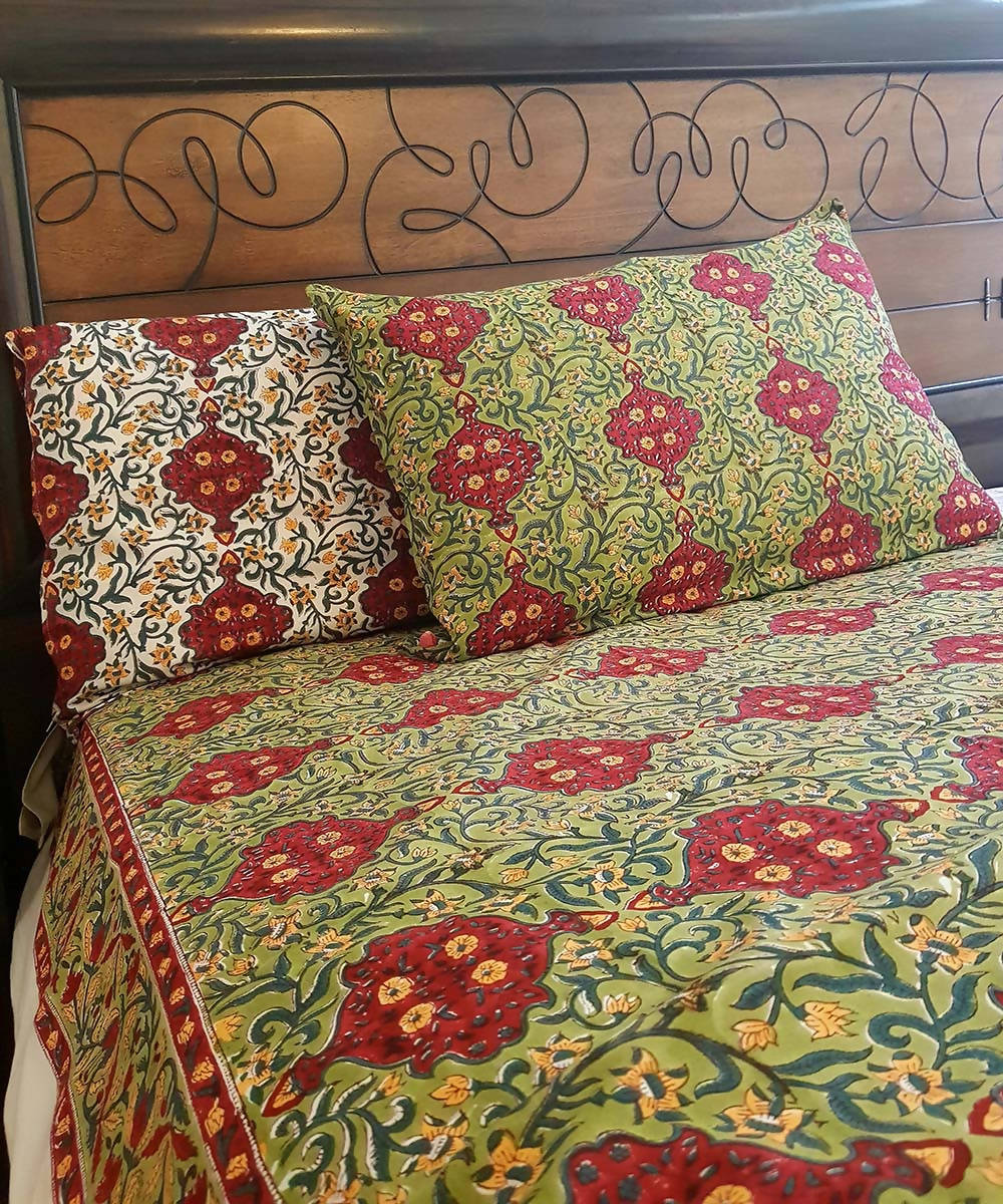 Red and green Handblock Printed Cotton Bedsheet