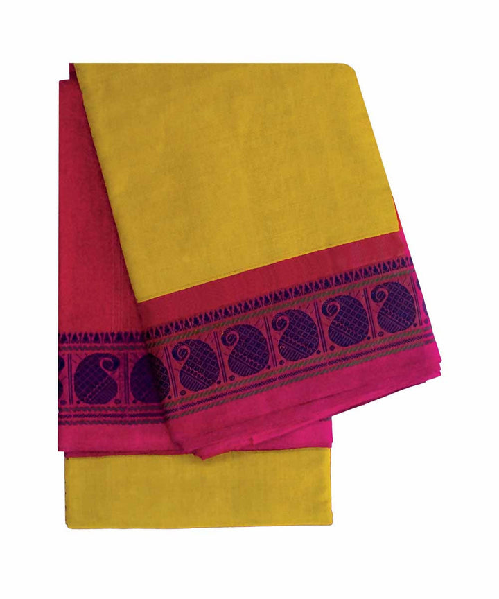 Yellow pink handwoven cotton kanchi saree