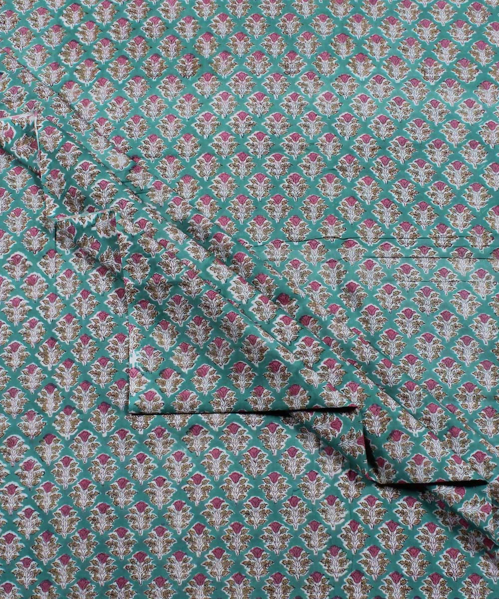 Green Floral Handblock Print Cotton Fabric