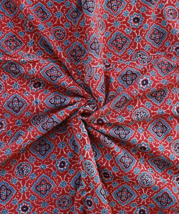 Powder blue red natural dye hand block printed cotton fabric