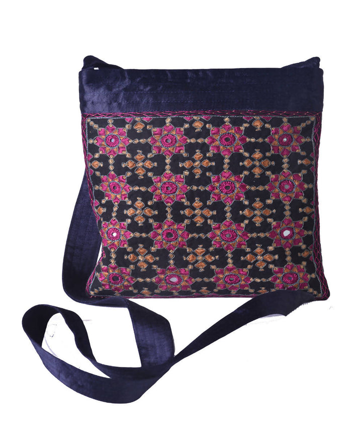 Navy pink hand embroidery mashroo cross body bag