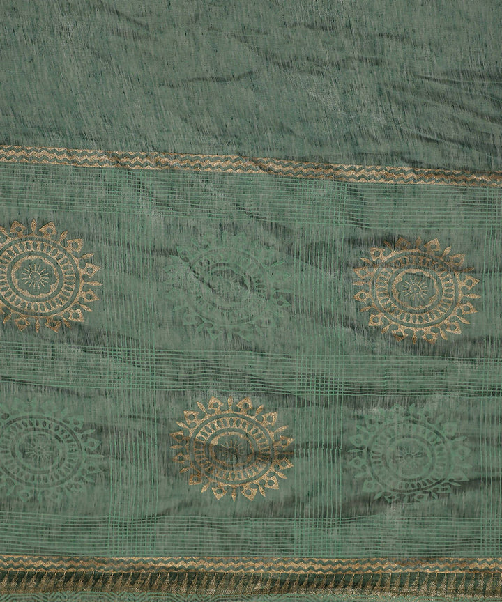 Green Turquoise Block Printed Linen Saree