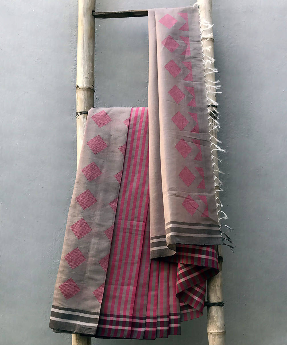 Pink grey handwoven extra weft cotton silk saree