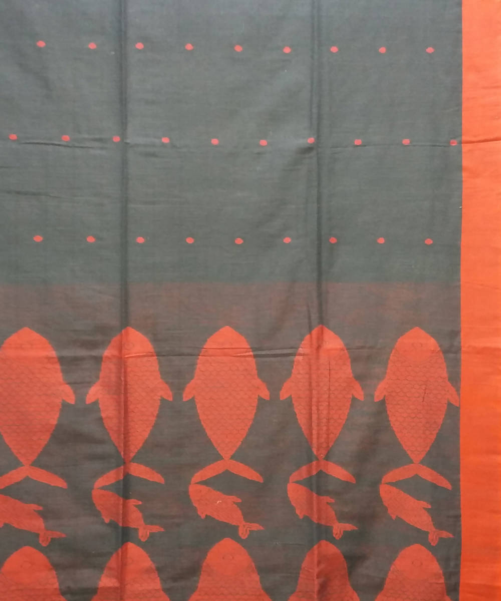 Bengal handspun handwoven cotton black and orange saree