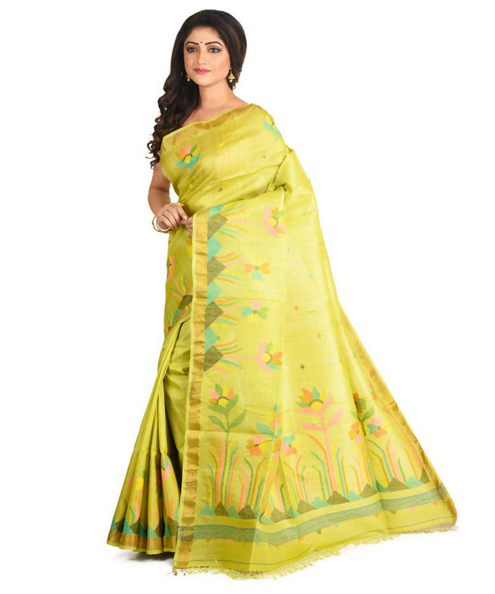 Resham shilpi bengal limegreen tasar saree with handwoven jamdani work