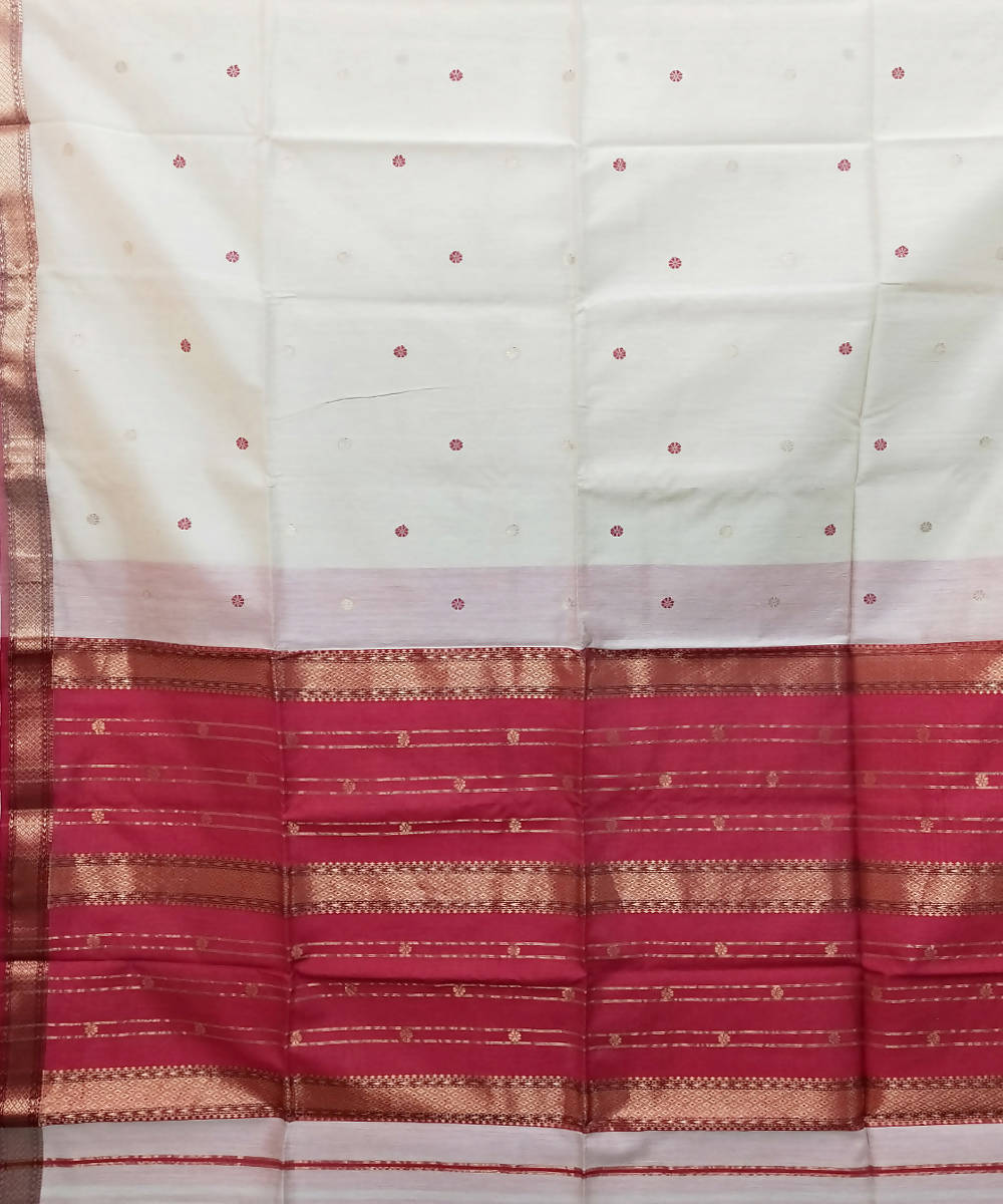 Anti flash white red handwoven cotton silk maheshwari saree