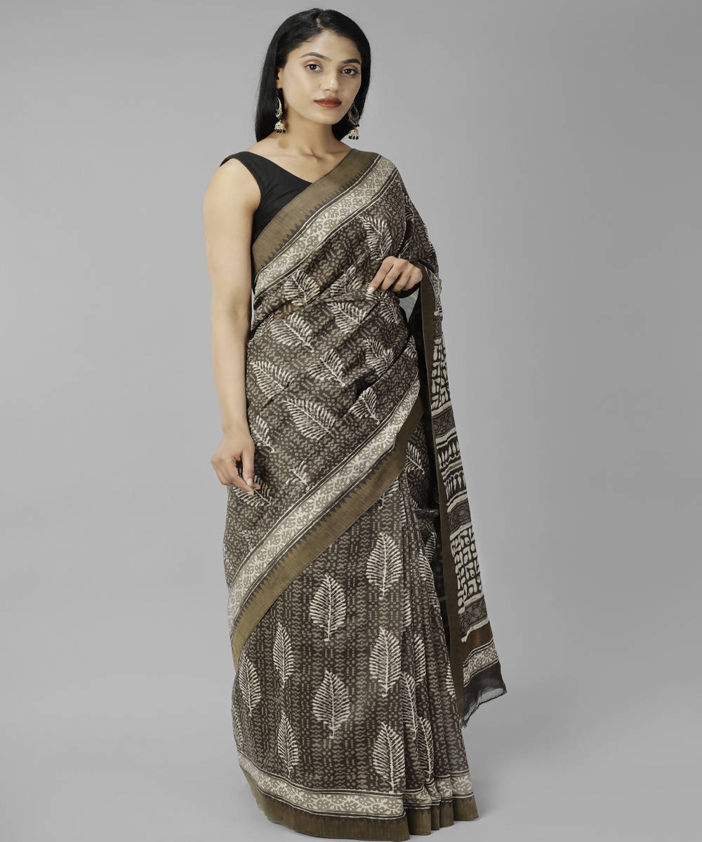 Dark brown bagru handblock print cotton silk saree