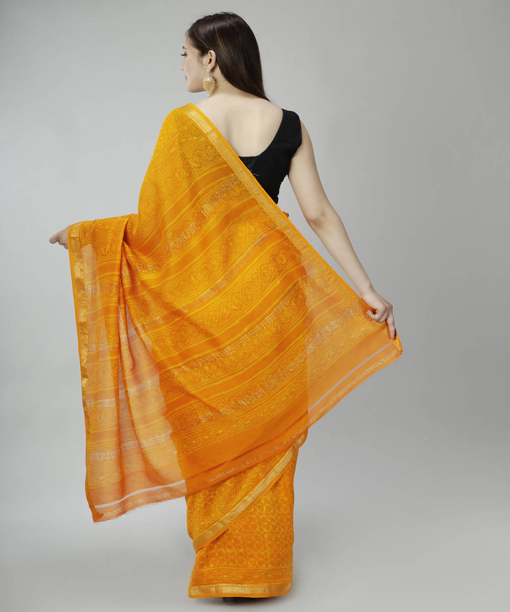 Orange yellow bagru handblock printed cotton silk saree