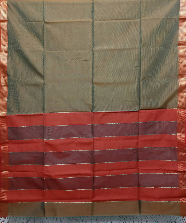 Grey green and red handloom cotton silk maheshwari saree