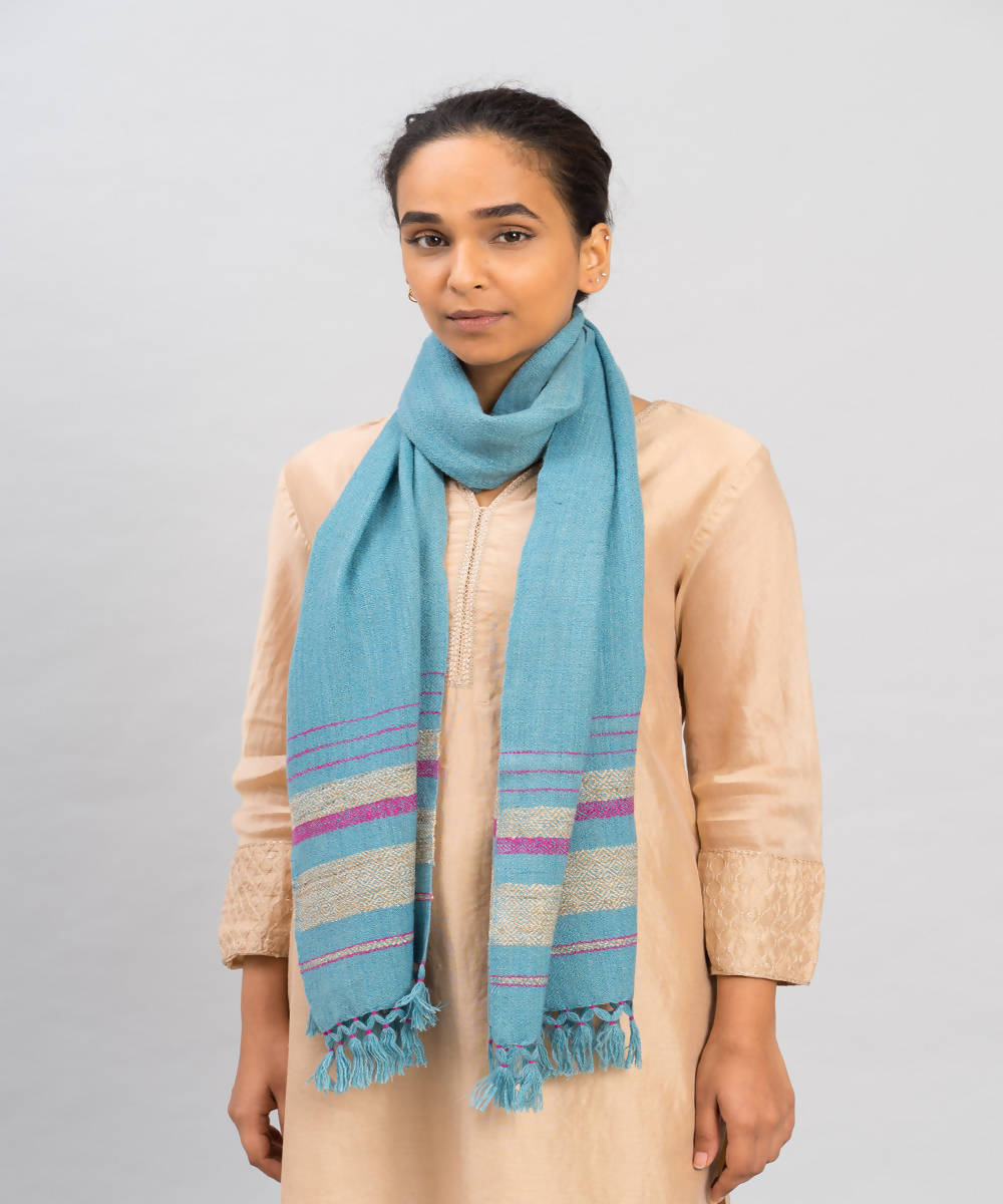 Blue handwoven panchachuli wool pashmina scarf